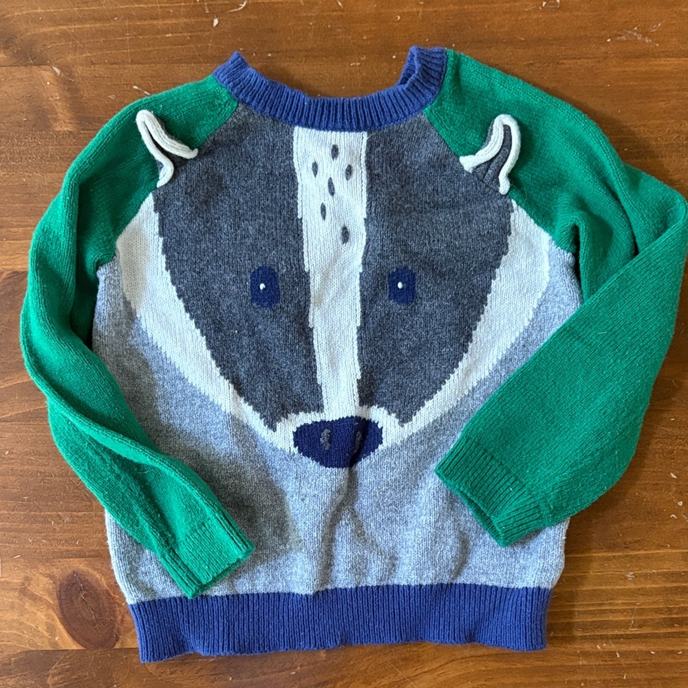 Baby Boden Grey Knit Sweater with Green & Navy Trim